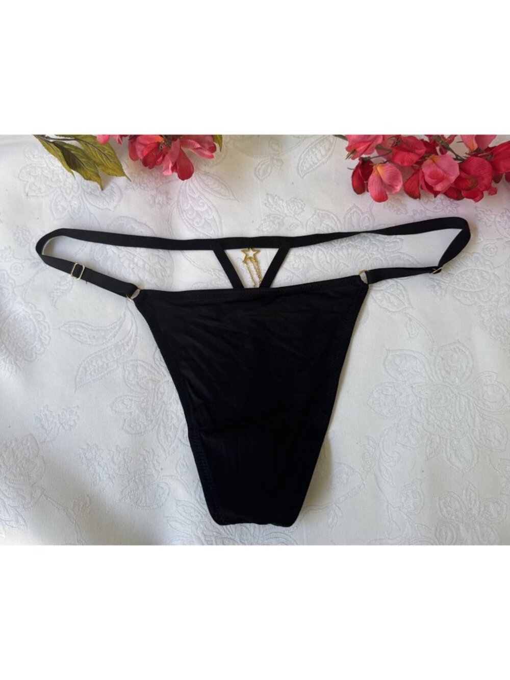 VICTORIA'S SECRET L BLACK SILKY GOLD STAR CHARM VERY SEXY V STRING PANTIES NWT